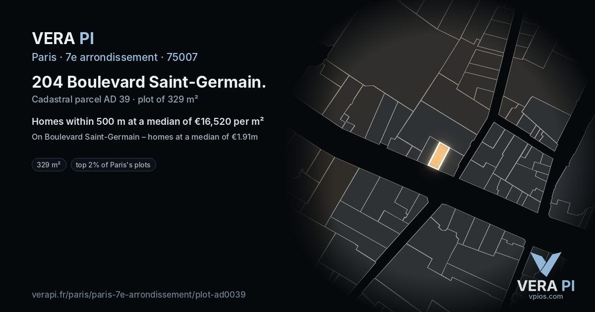 204 Boulevard Saint-Germain, 7e arrondissement at night – the plot lit, the parcels around coloured by the prices near them