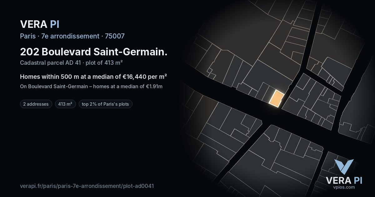 202 Boulevard Saint-Germain, 7e arrondissement at night – the plot lit, the parcels around coloured by the prices near them