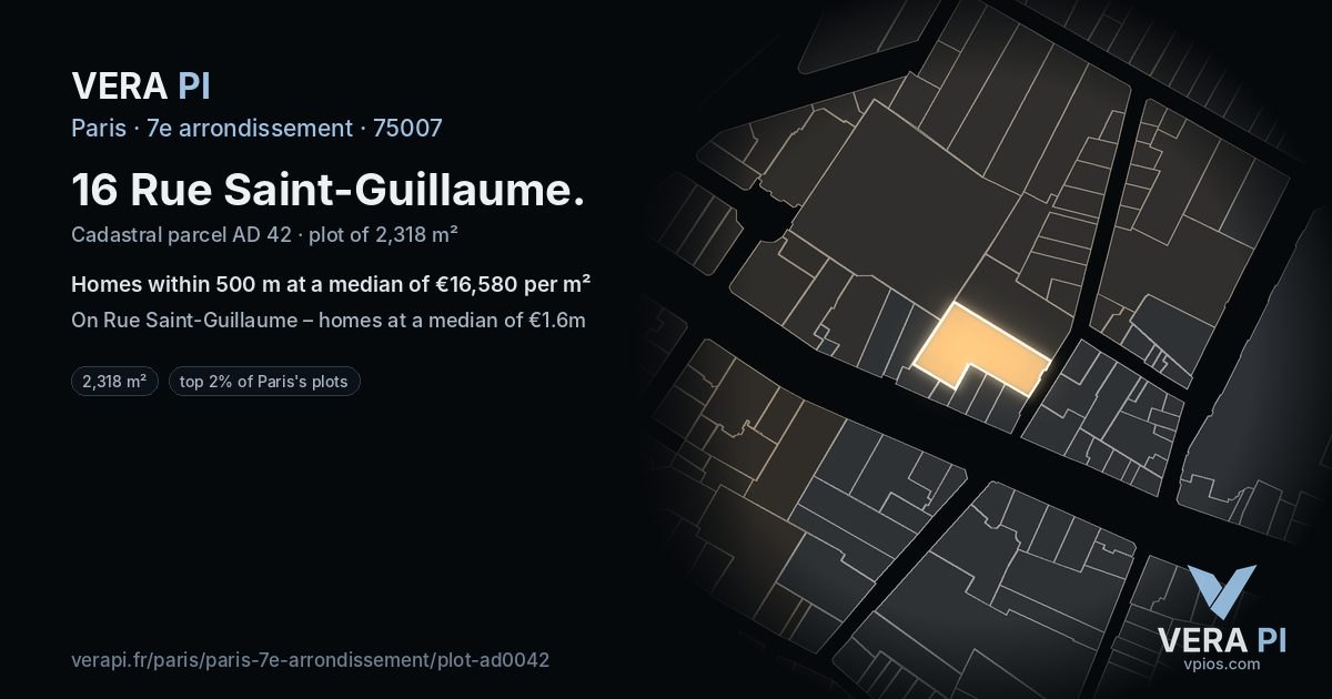 16 Rue Saint-Guillaume, 7e arrondissement at night – the plot lit, the parcels around coloured by the prices near them
