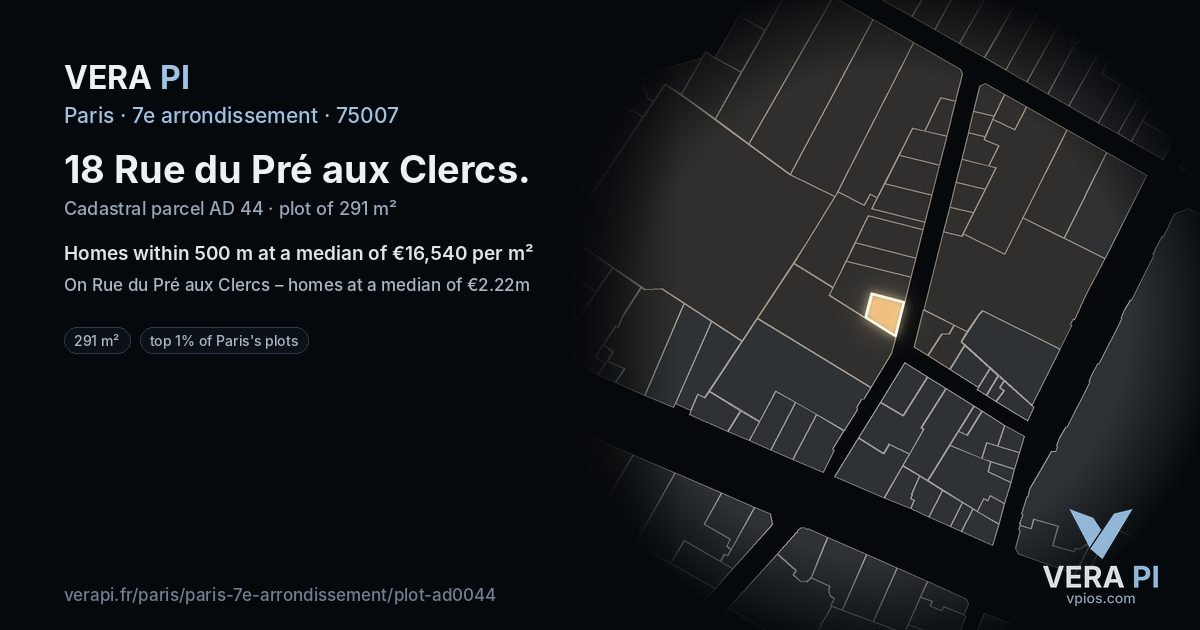 18 Rue du Pré aux Clercs, 7e arrondissement at night – the plot lit, the parcels around coloured by the prices near them
