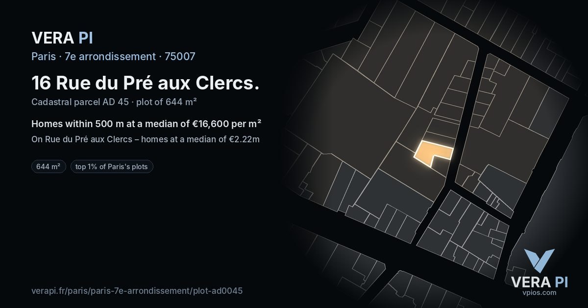 16 Rue du Pré aux Clercs, 7e arrondissement at night – the plot lit, the parcels around coloured by the prices near them