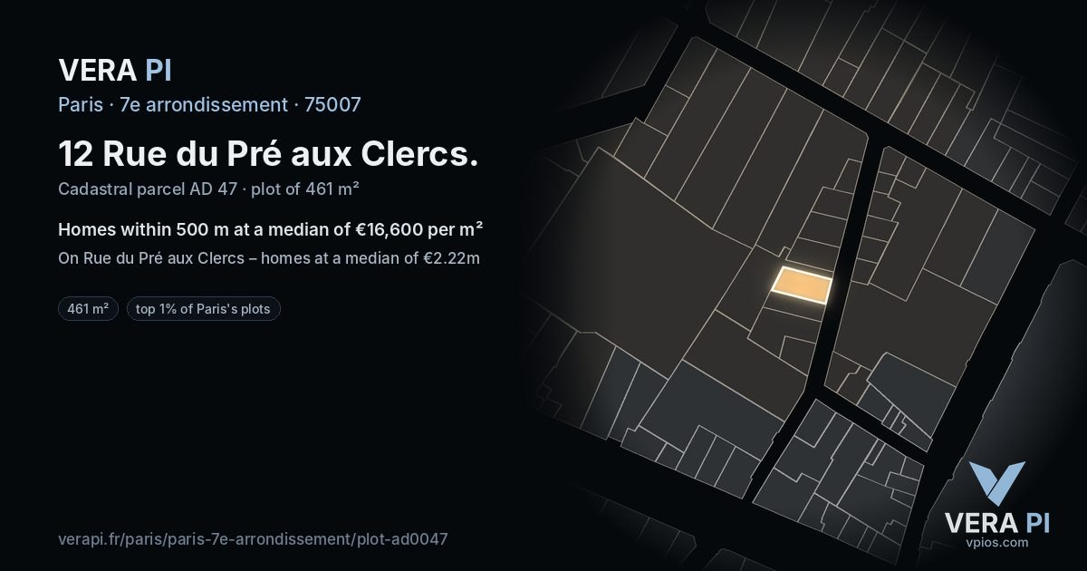 12 Rue du Pré aux Clercs, 7e arrondissement at night – the plot lit, the parcels around coloured by the prices near them