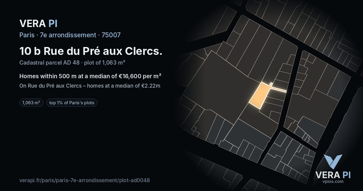 10 b Rue du Pré aux Clercs, 7e arrondissement at night – the plot lit, the parcels around coloured by the prices near them