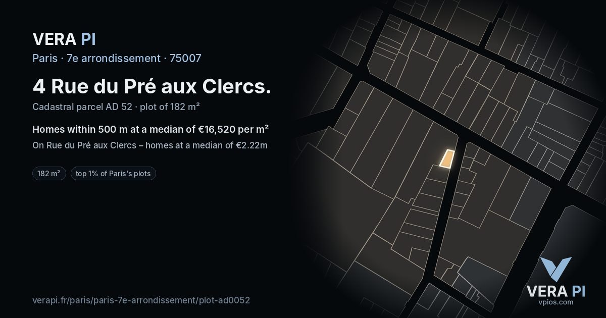 4 Rue du Pré aux Clercs, 7e arrondissement at night – the plot lit, the parcels around coloured by the prices near them