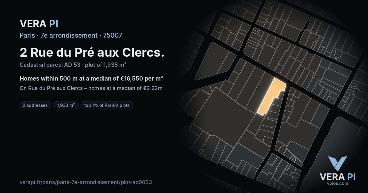 2 Rue du Pré aux Clercs, 7e arrondissement at night – the plot lit, the parcels around coloured by the prices near them
