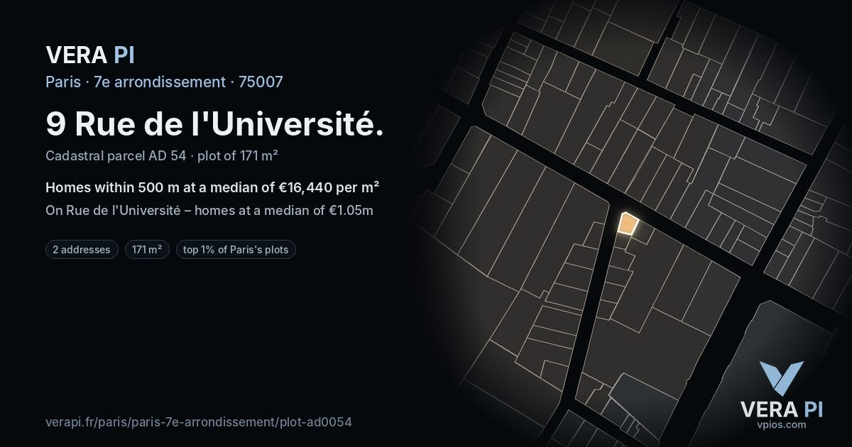 9 Rue de l'Université, 7e arrondissement at night – the plot lit, the parcels around coloured by the prices near them