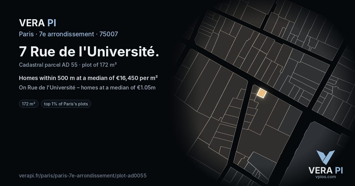 7 Rue de l'Université, 7e arrondissement at night – the plot lit, the parcels around coloured by the prices near them