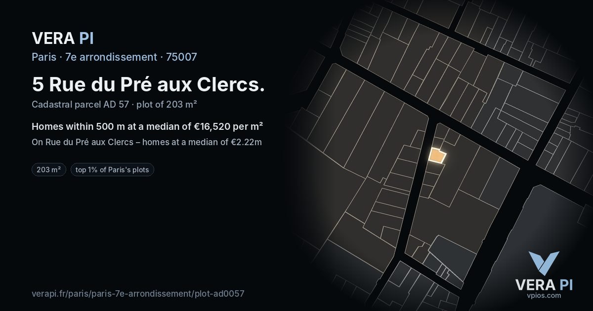 5 Rue du Pré aux Clercs, 7e arrondissement at night – the plot lit, the parcels around coloured by the prices near them