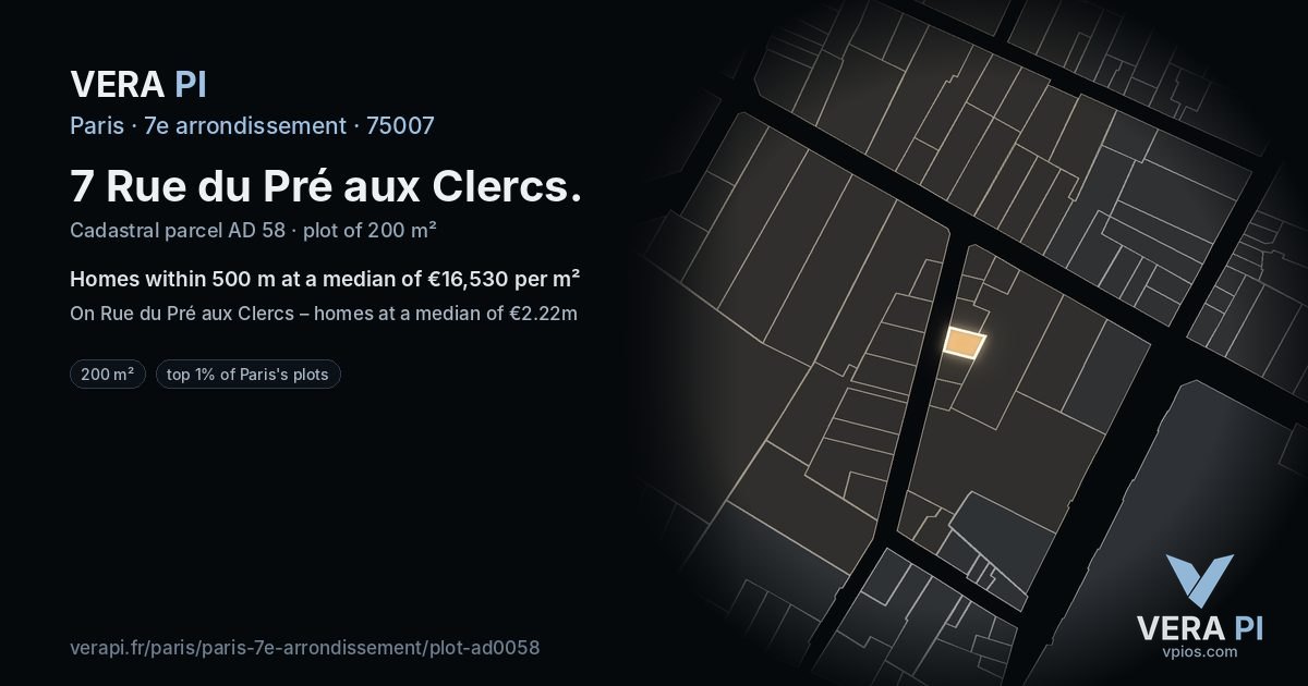 7 Rue du Pré aux Clercs, 7e arrondissement at night – the plot lit, the parcels around coloured by the prices near them