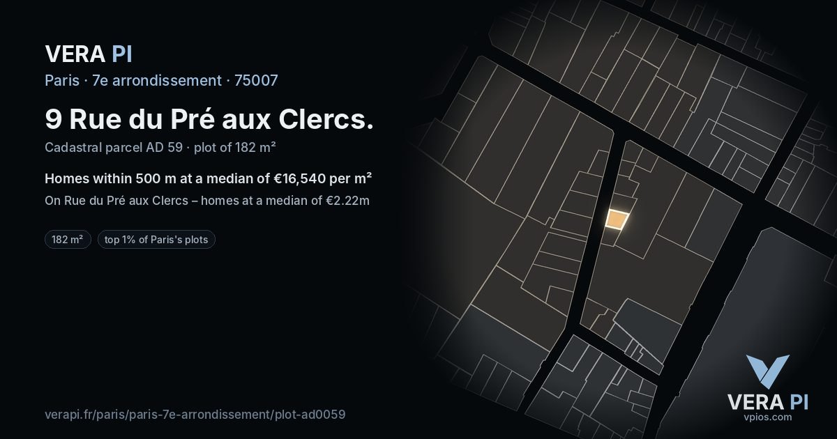 9 Rue du Pré aux Clercs, 7e arrondissement at night – the plot lit, the parcels around coloured by the prices near them