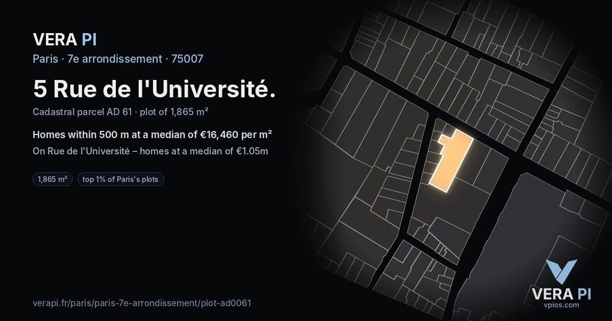 5 Rue de l'Université, 7e arrondissement at night – the plot lit, the parcels around coloured by the prices near them