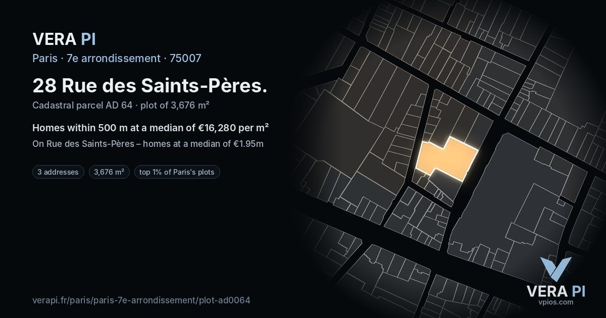 28 Rue des Saints-Pères, 7e arrondissement at night – the plot lit, the parcels around coloured by the prices near them