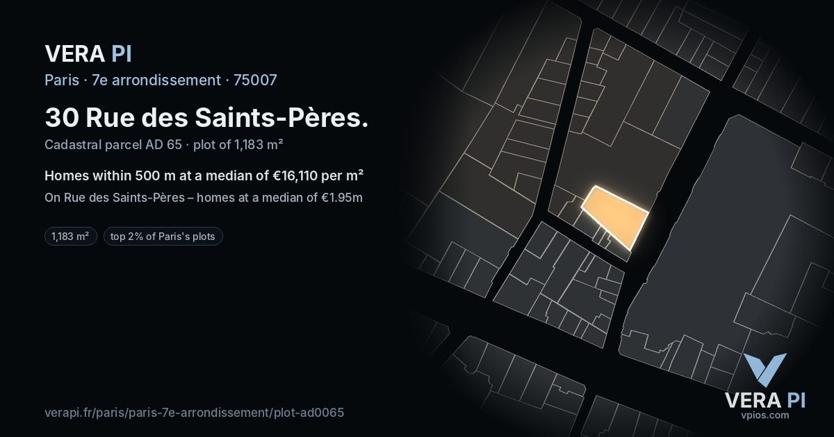 30 Rue des Saints-Pères, 7e arrondissement at night – the plot lit, the parcels around coloured by the prices near them