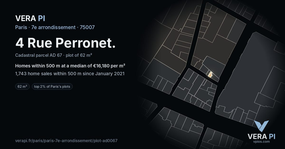 4 Rue Perronet, 7e arrondissement at night – the plot lit, the parcels around coloured by the prices near them