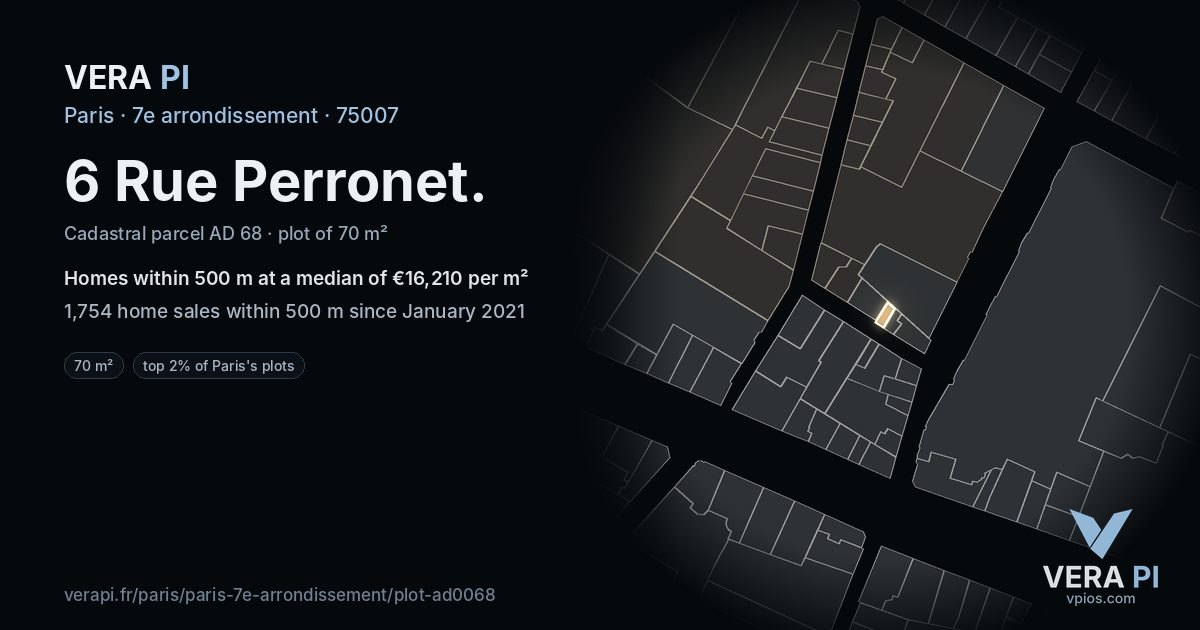 6 Rue Perronet, 7e arrondissement at night – the plot lit, the parcels around coloured by the prices near them