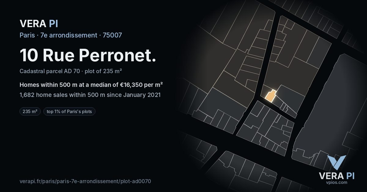 10 Rue Perronet, 7e arrondissement at night – the plot lit, the parcels around coloured by the prices near them
