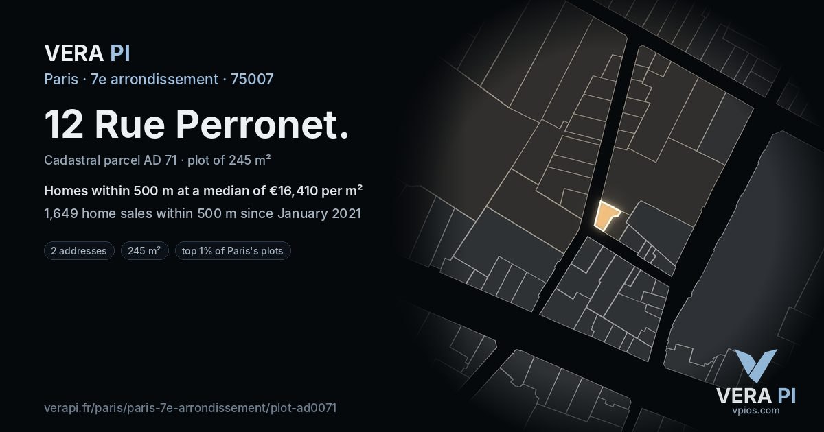 12 Rue Perronet, 7e arrondissement at night – the plot lit, the parcels around coloured by the prices near them