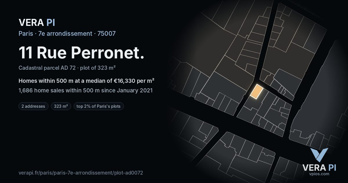 11 Rue Perronet, 7e arrondissement at night – the plot lit, the parcels around coloured by the prices near them