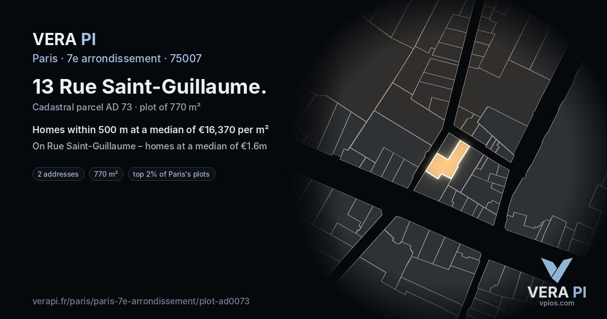 13 Rue Saint-Guillaume, 7e arrondissement at night – the plot lit, the parcels around coloured by the prices near them