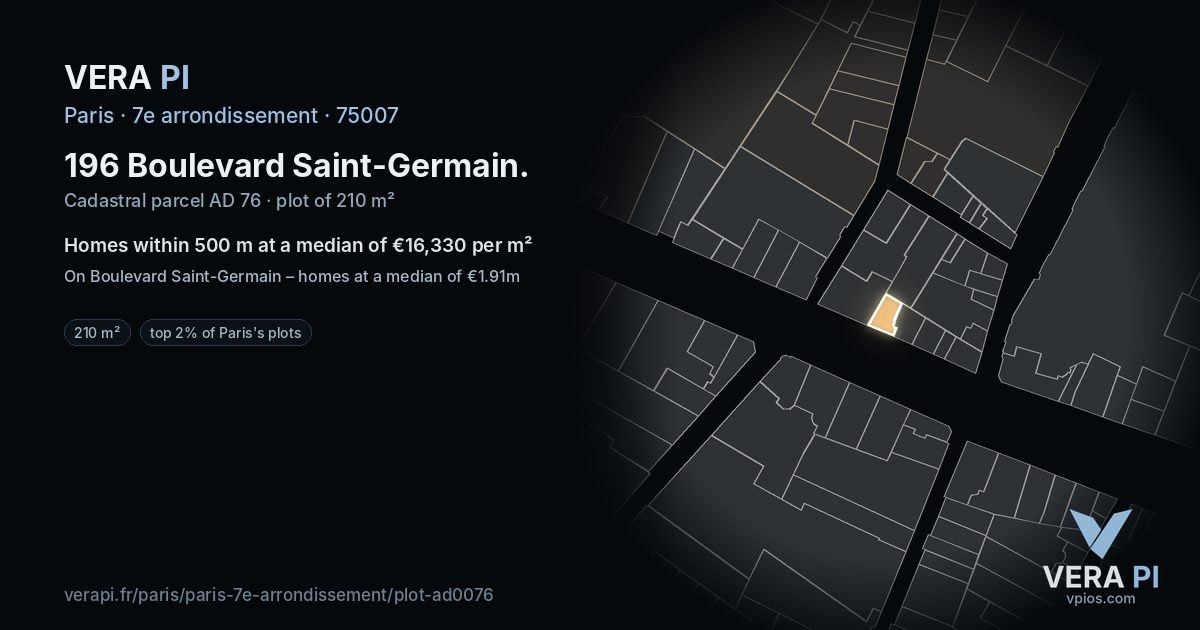 196 Boulevard Saint-Germain, 7e arrondissement at night – the plot lit, the parcels around coloured by the prices near them