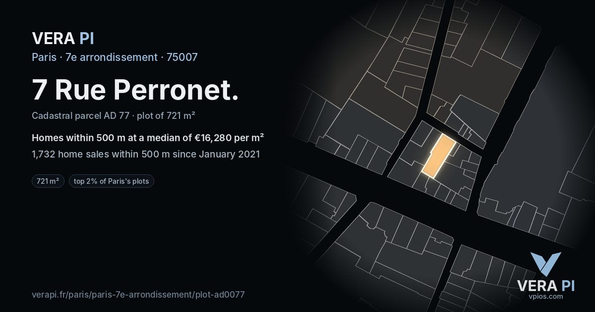 7 Rue Perronet, 7e arrondissement at night – the plot lit, the parcels around coloured by the prices near them