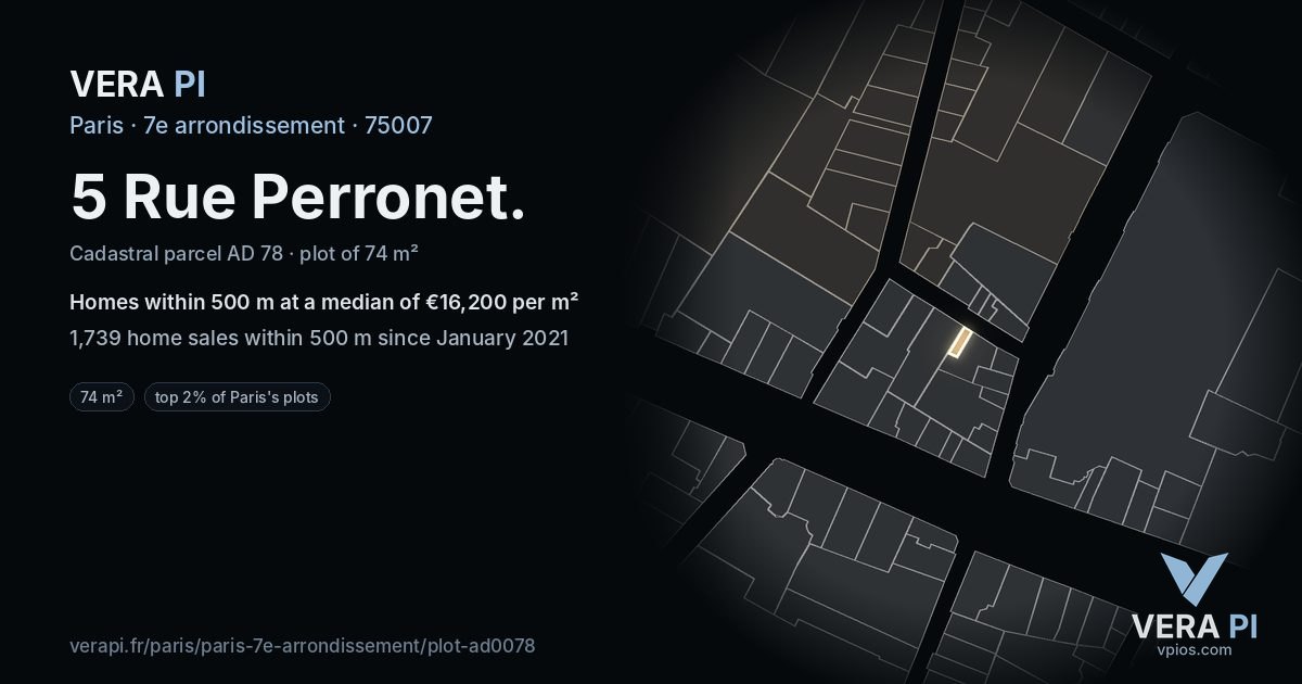 5 Rue Perronet, 7e arrondissement at night – the plot lit, the parcels around coloured by the prices near them