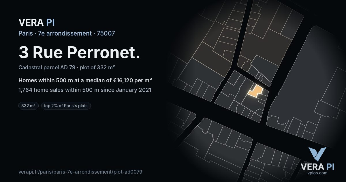 3 Rue Perronet, 7e arrondissement at night – the plot lit, the parcels around coloured by the prices near them