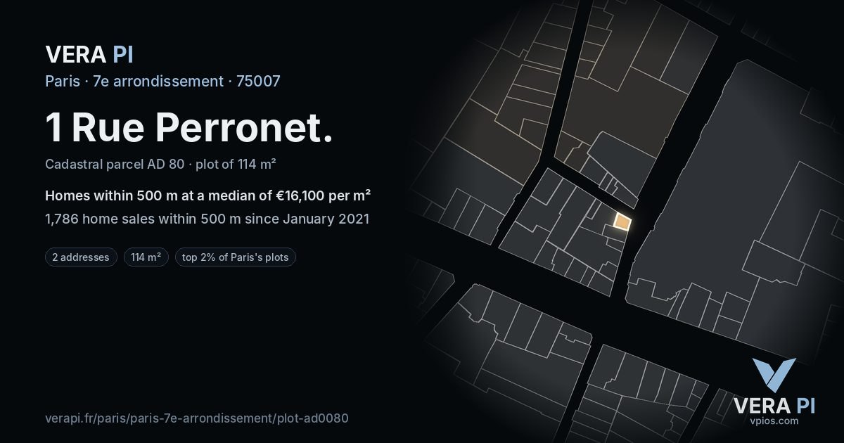 1 Rue Perronet, 7e arrondissement at night – the plot lit, the parcels around coloured by the prices near them