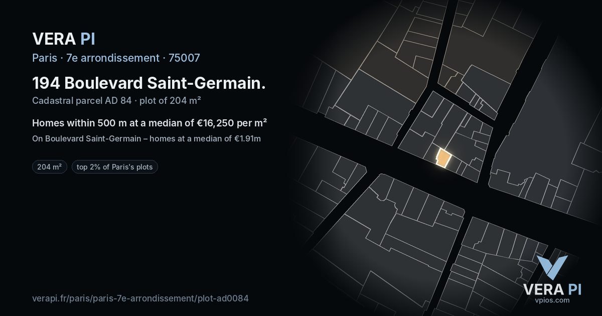 194 Boulevard Saint-Germain, 7e arrondissement at night – the plot lit, the parcels around coloured by the prices near them