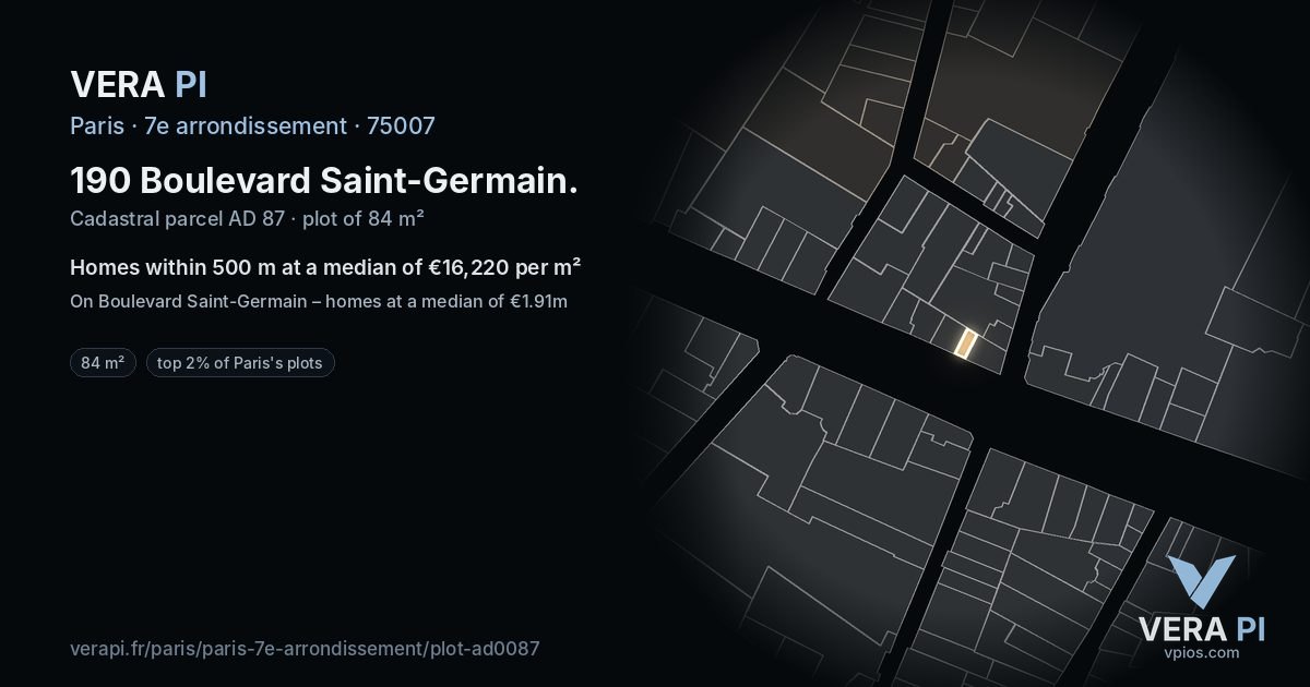 190 Boulevard Saint-Germain, 7e arrondissement at night – the plot lit, the parcels around coloured by the prices near them