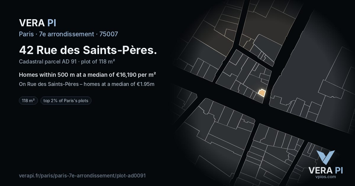 42 Rue des Saints-Pères, 7e arrondissement at night – the plot lit, the parcels around coloured by the prices near them