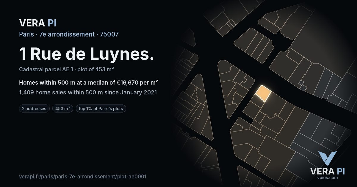 1 Rue de Luynes, 7e arrondissement at night – the plot lit, the parcels around coloured by the prices near them