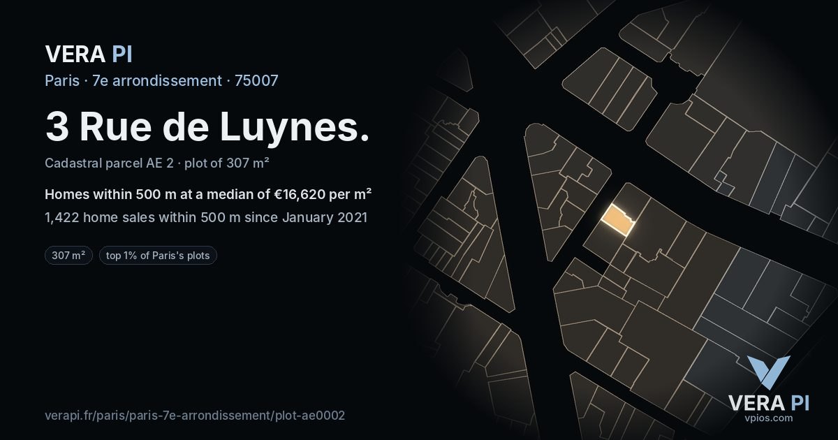 3 Rue de Luynes, 7e arrondissement at night – the plot lit, the parcels around coloured by the prices near them