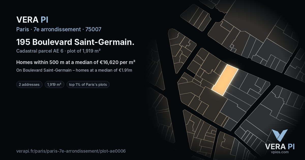 195 Boulevard Saint-Germain, 7e arrondissement at night – the plot lit, the parcels around coloured by the prices near them