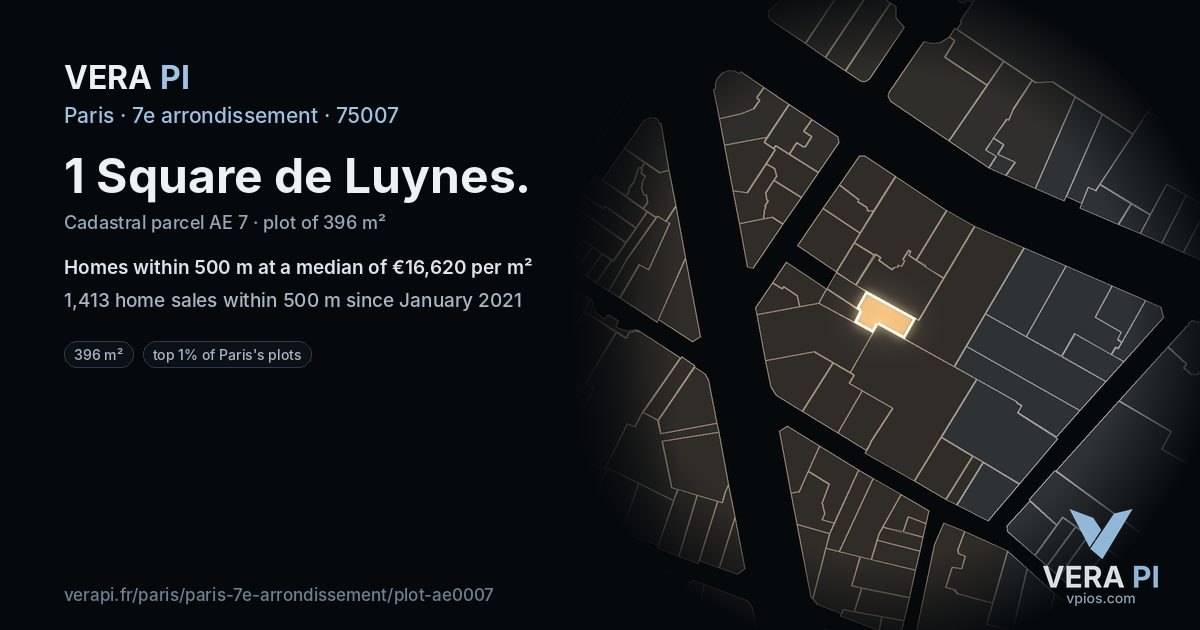 1 Square de Luynes, 7e arrondissement at night – the plot lit, the parcels around coloured by the prices near them
