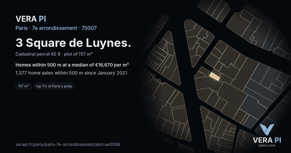 3 Square de Luynes, 7e arrondissement at night – the plot lit, the parcels around coloured by the prices near them