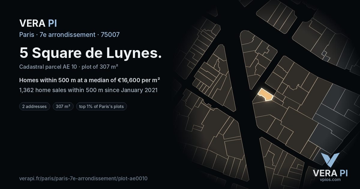 5 Square de Luynes, 7e arrondissement at night – the plot lit, the parcels around coloured by the prices near them