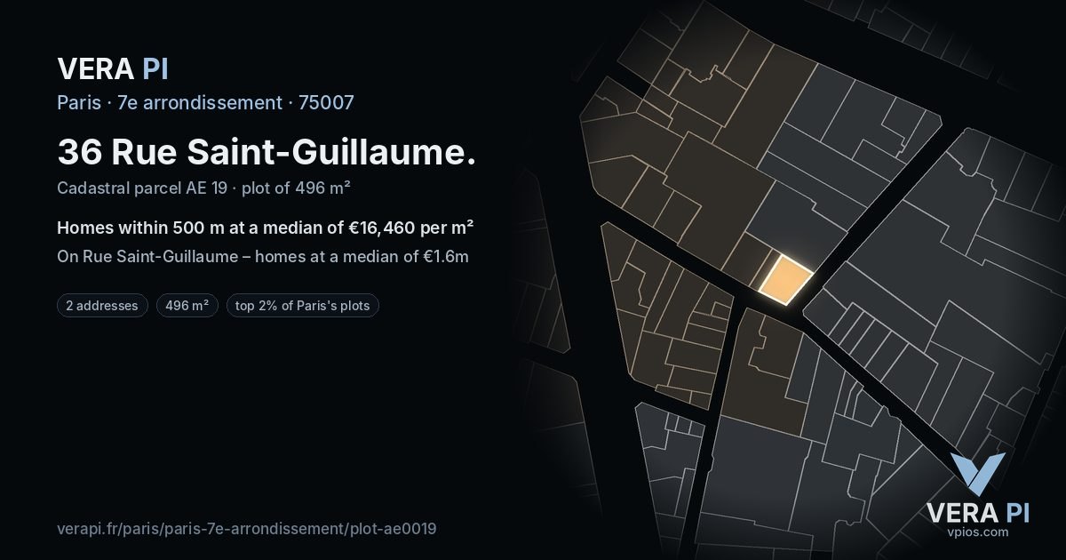 36 Rue Saint-Guillaume, 7e arrondissement at night – the plot lit, the parcels around coloured by the prices near them