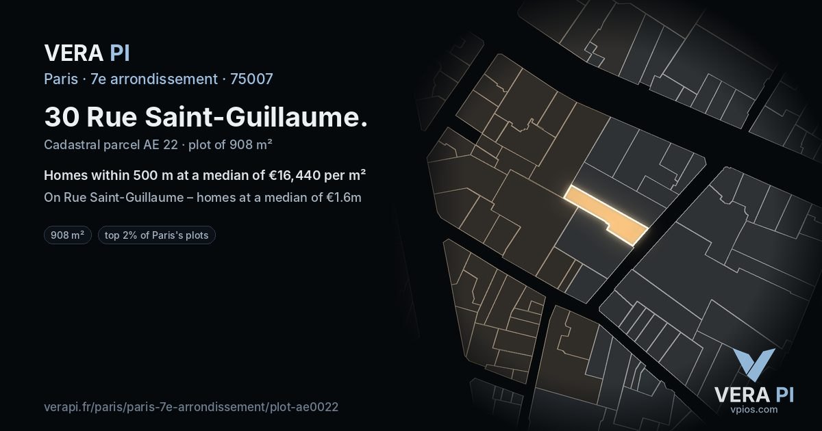 30 Rue Saint-Guillaume, 7e arrondissement at night – the plot lit, the parcels around coloured by the prices near them