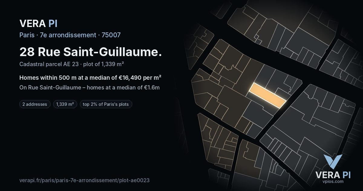 28 Rue Saint-Guillaume, 7e arrondissement at night – the plot lit, the parcels around coloured by the prices near them