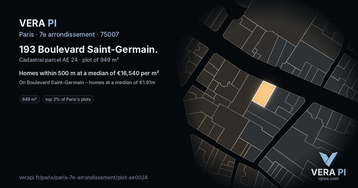 193 Boulevard Saint-Germain, 7e arrondissement at night – the plot lit, the parcels around coloured by the prices near them