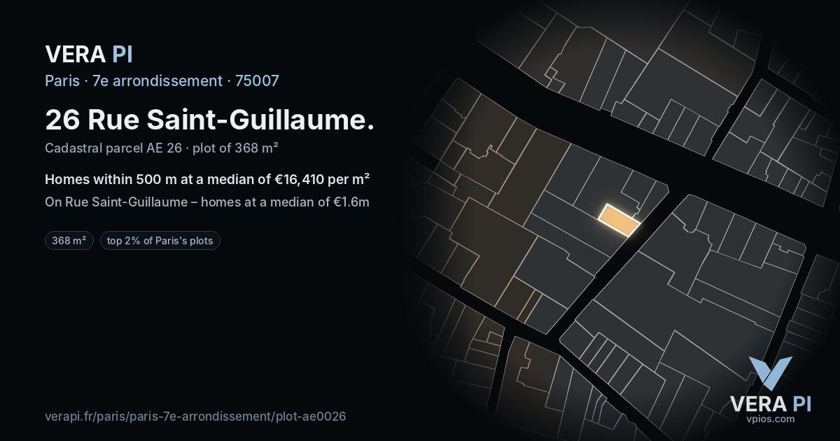26 Rue Saint-Guillaume, 7e arrondissement at night – the plot lit, the parcels around coloured by the prices near them