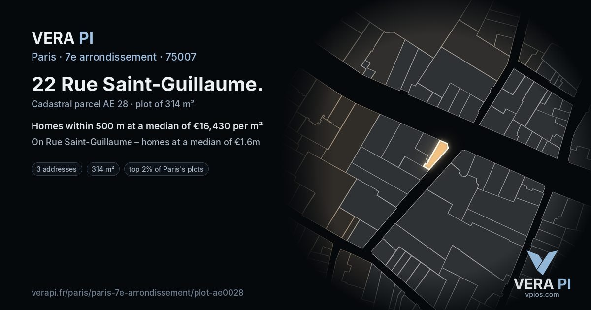 22 Rue Saint-Guillaume, 7e arrondissement at night – the plot lit, the parcels around coloured by the prices near them