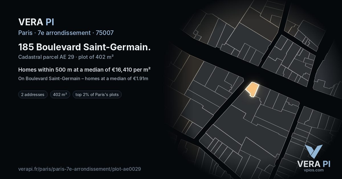 185 Boulevard Saint-Germain, 7e arrondissement at night – the plot lit, the parcels around coloured by the prices near them