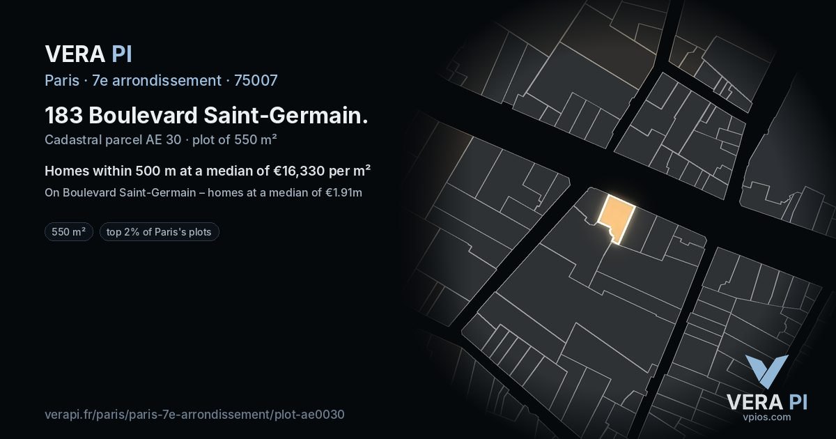 183 Boulevard Saint-Germain, 7e arrondissement at night – the plot lit, the parcels around coloured by the prices near them