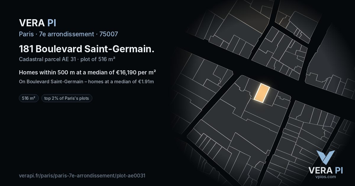 181 Boulevard Saint-Germain, 7e arrondissement at night – the plot lit, the parcels around coloured by the prices near them