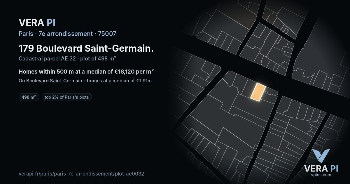 179 Boulevard Saint-Germain, 7e arrondissement at night – the plot lit, the parcels around coloured by the prices near them