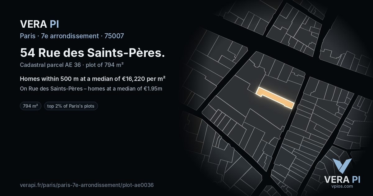 54 Rue des Saints-Pères, 7e arrondissement at night – the plot lit, the parcels around coloured by the prices near them