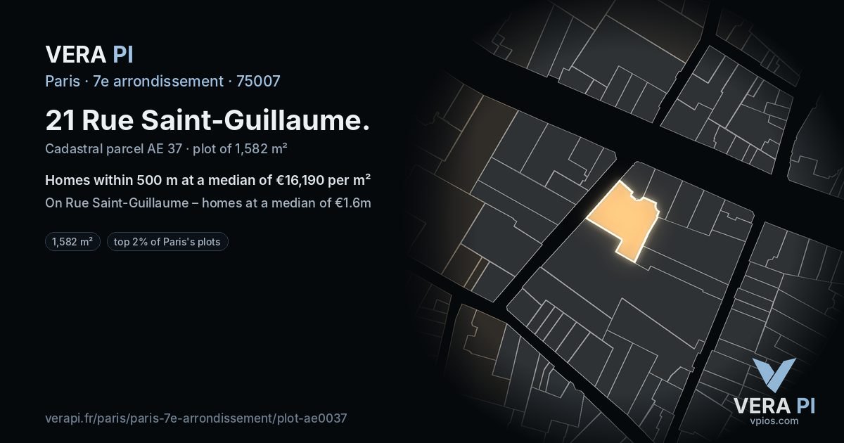21 Rue Saint-Guillaume, 7e arrondissement at night – the plot lit, the parcels around coloured by the prices near them
