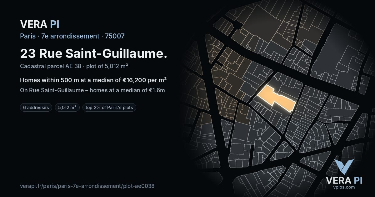 23 Rue Saint-Guillaume, 7e arrondissement at night – the plot lit, the parcels around coloured by the prices near them